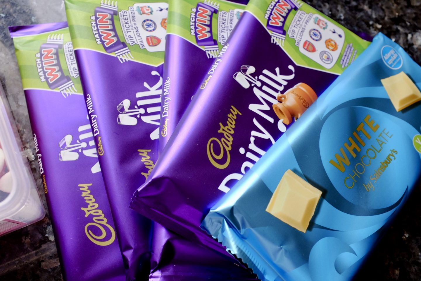 cadburys chocolate milk and Sainsbury's white chocolate