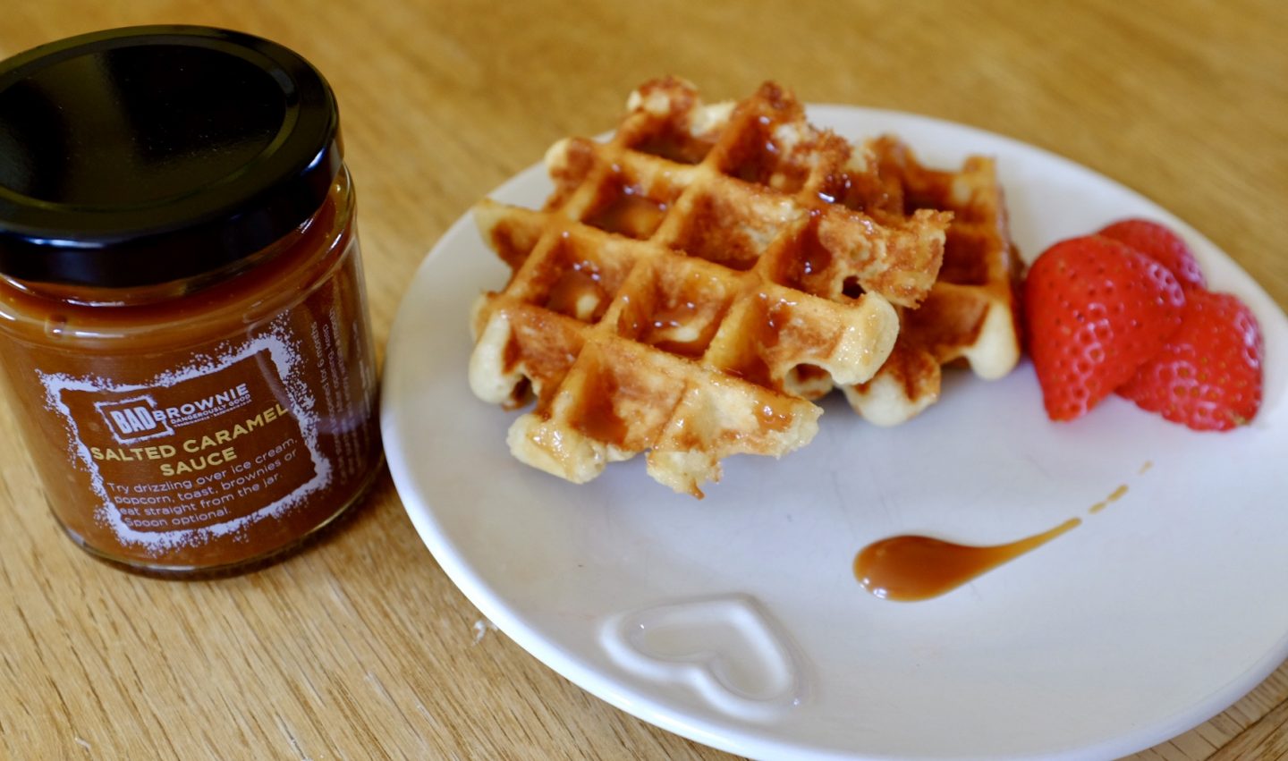 Belgian waffles with Bad brownie salted caramel sauce